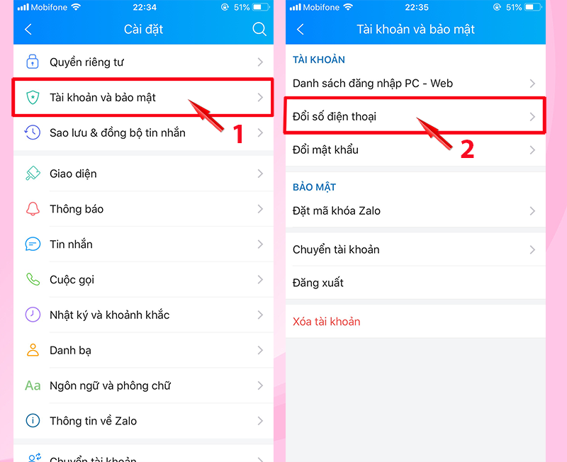 Chọn Tài khoản vào bảo mật > chọn Đổi số điện thoại