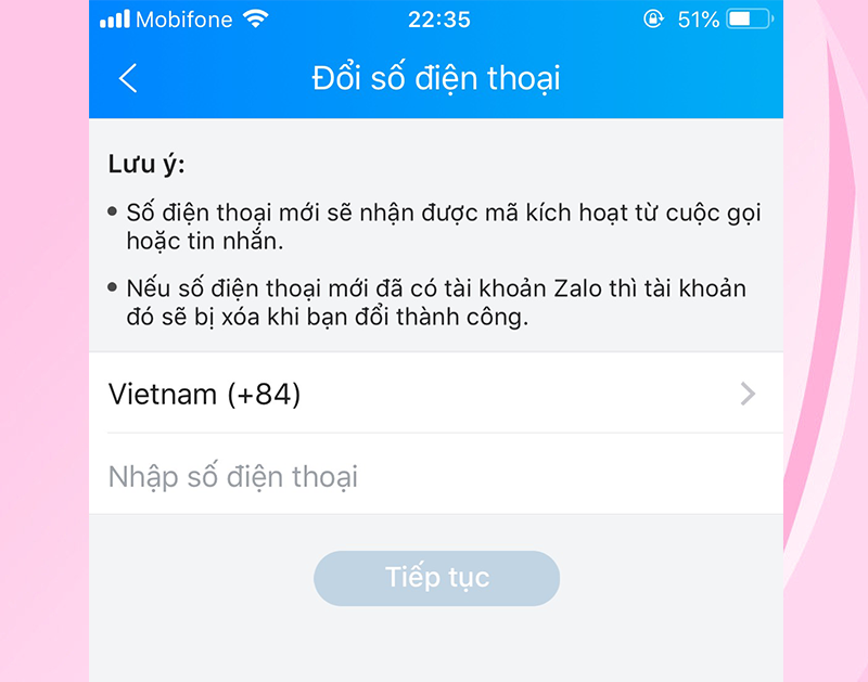 Nhập số điện thoại mới > chọn Tiếp tục