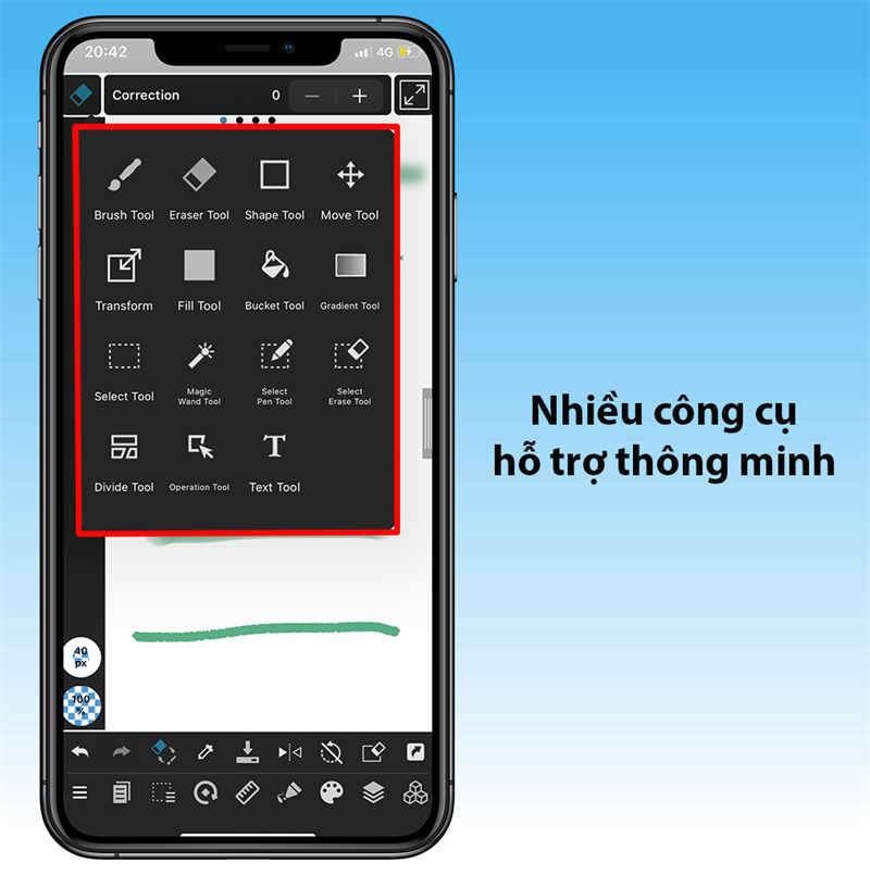 Công cụ vẽ chuyên nghiệp: eyedropper (ống hút màu), paint bucket (thùng sơn đổ màu), eraser tool ( công cụ để xóa)