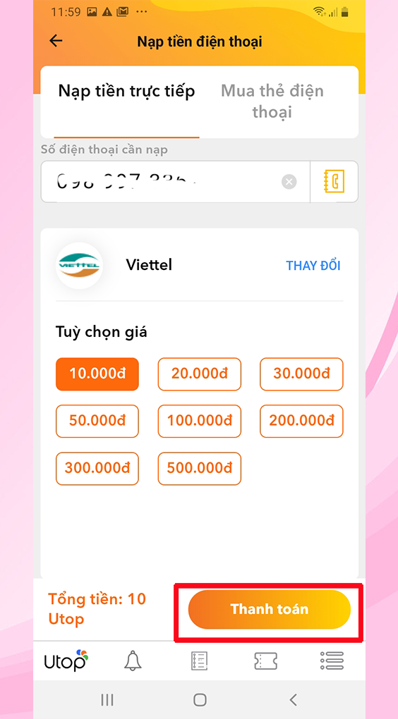 thanh toán tiền điện thoại bằng utop