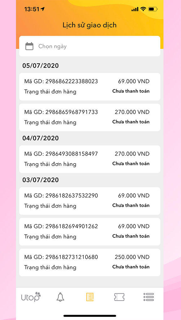 Xem đơn hàng tại Lịch sử giao dịch