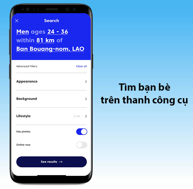 T&igrave;m kiếm bạn b&egrave; tại thanh c&ocirc;ng cụ đơn giản