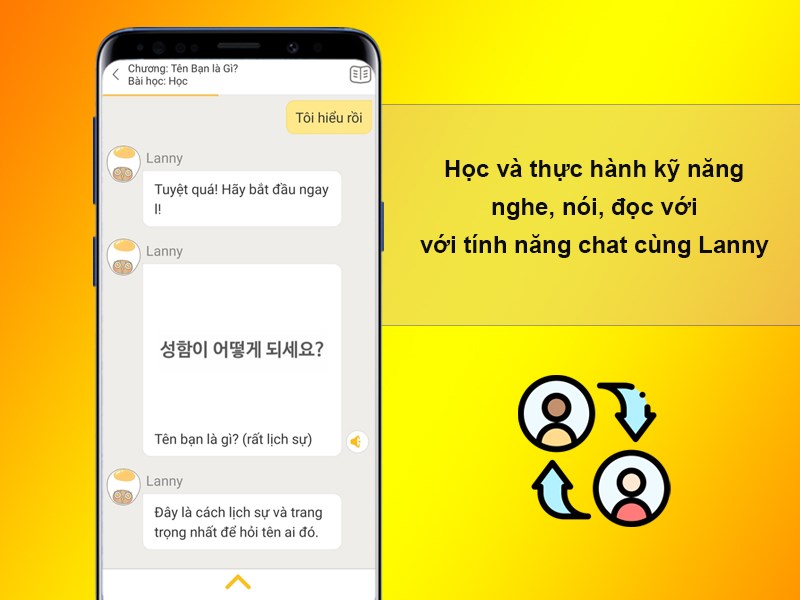 Học v&agrave; thực h&agrave;nh kỹ năng nghe, n&oacute;i, đọc với t&iacute;nh năng chat c&ugrave;ng Lanny