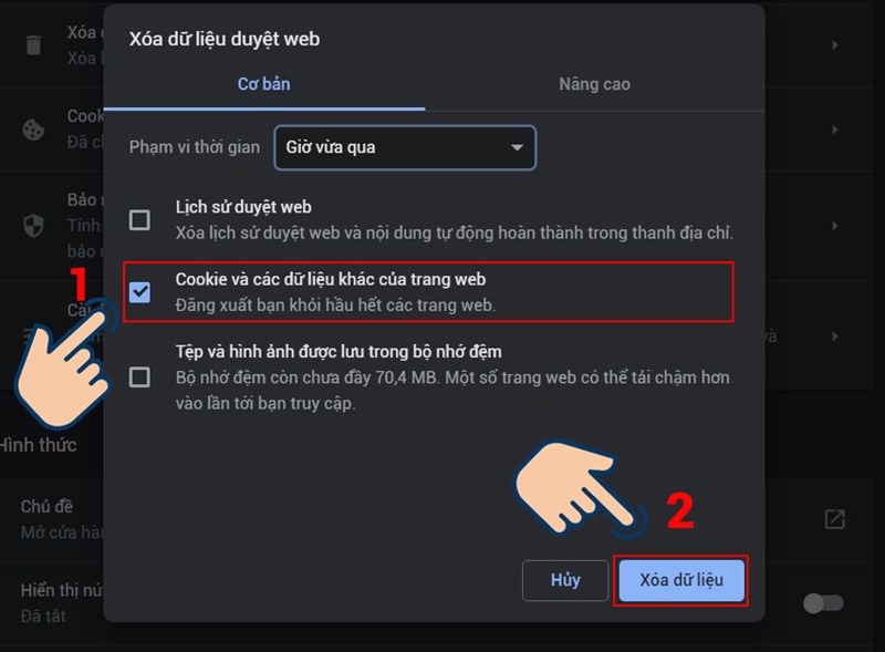 chọn mục Cookie và các dữ liệu khác của trang web và nhấn xoá dữ liệu