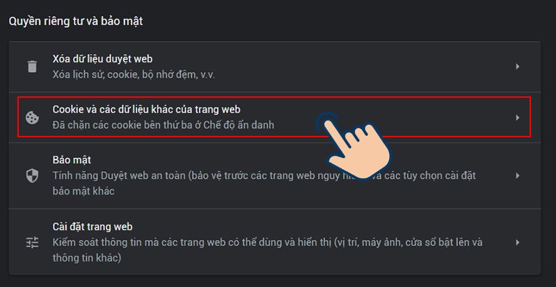 Lật vào Cookie và các dữ liệu khác của trang web.