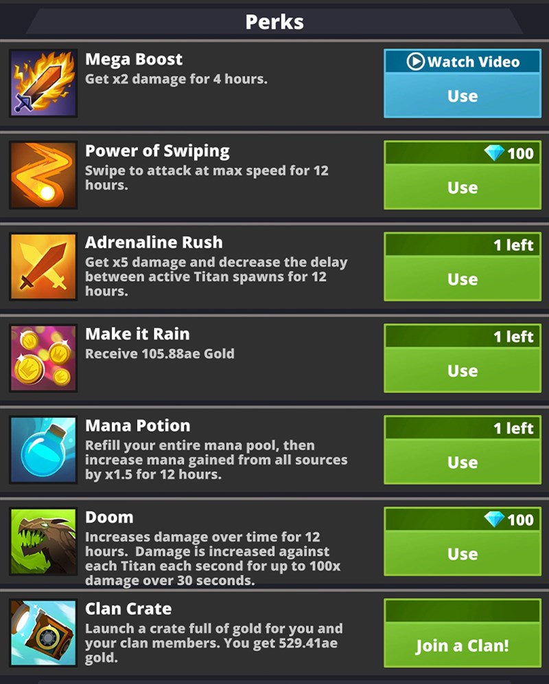 Kỹ năng Perks trong Tap Titans 2