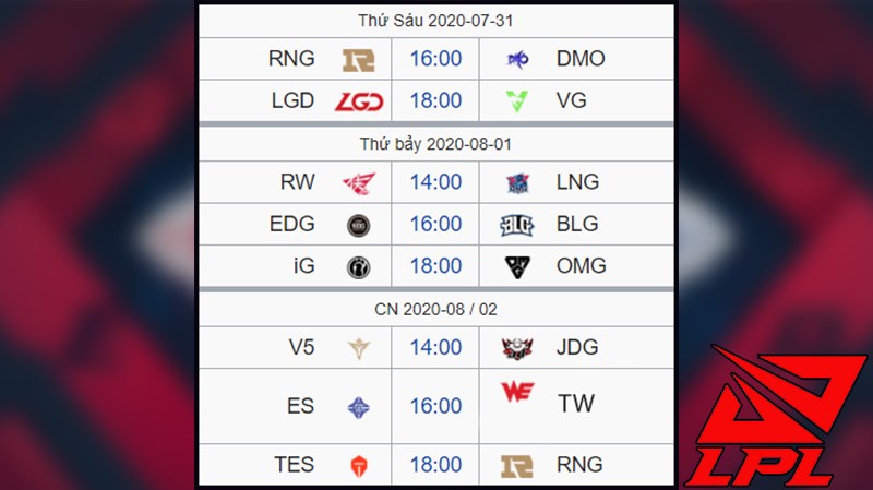 Lịch thi đấu LPL m&ugrave;a h&egrave; 2020 Tuần 9 (31/07 - 02/08)
