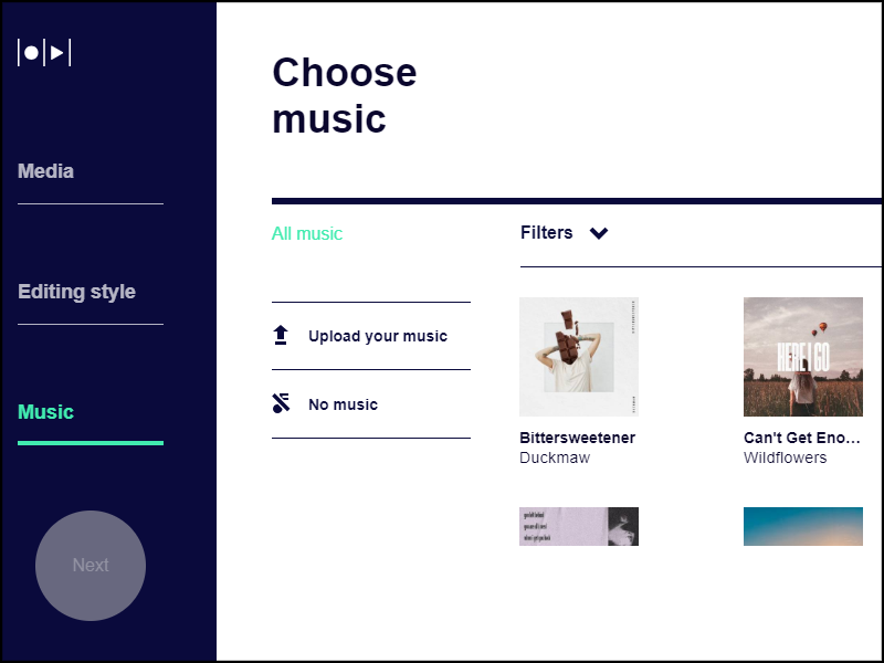 Tại mục Music, bạn chọn nhạc cho video của mình bằng cách sử dụng ở thư viện có sẵn hoặc upload nhạc lên.
