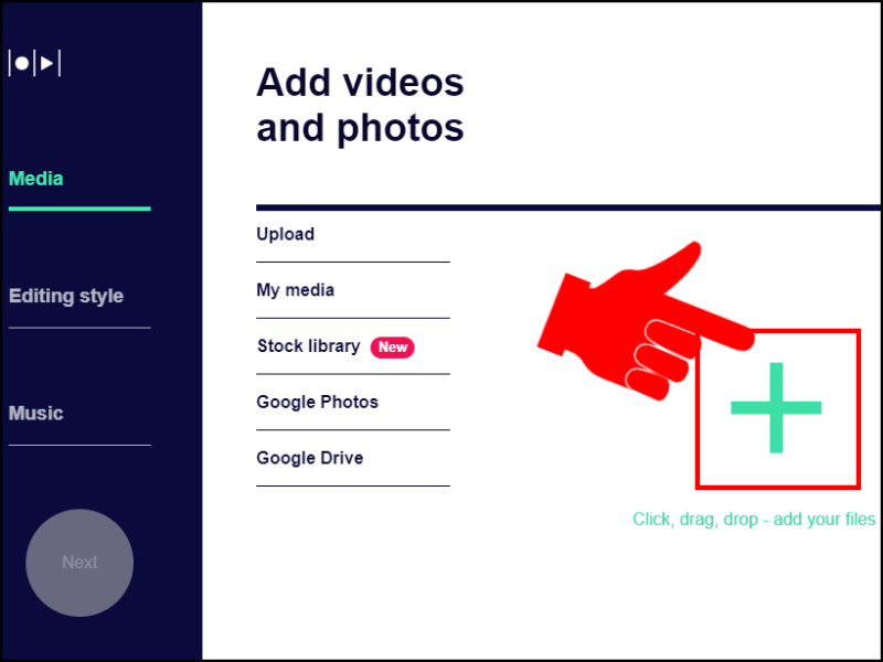 Tại mục media bên góc trái, bấm dấu cộng để thêm ảnh của bạn