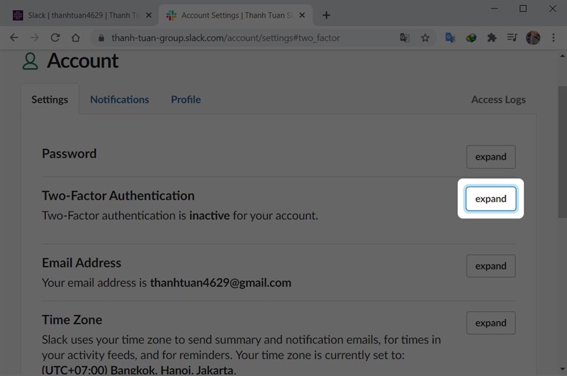 Tại mục Two-Factor Authentication chọn expand