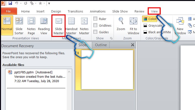Bước 1: Tại giao diện slide đầu tiên trên PowerPoint, bạn nhấn vào View và chọn tiếp Slide Master.