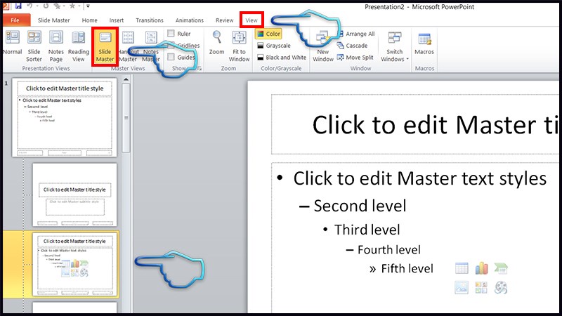 Bước 1: Chúng ta cũng nhấn vào View và chọn Slide Master. Khi đó sẽ hiển thị Slide Master đã tạo trước đó. Bỏ qua slide đầu tiên rồi chọn slide khác bên dưới để thay định dạng.