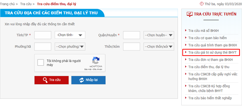 Tại danh sách mục tra cứu trực tuyến bên phải, bạn chọn mục tra cứu giá trị sử dụng thẻ BHYT hoặc thẻ BHXH
