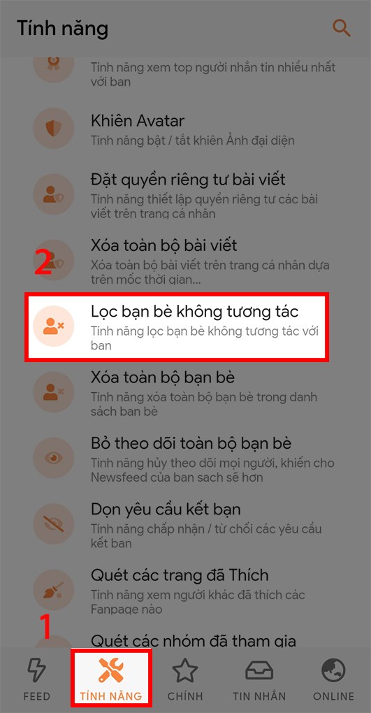 Đăng nhập ứng dụng và chọn lọc bạn bè không tương tác