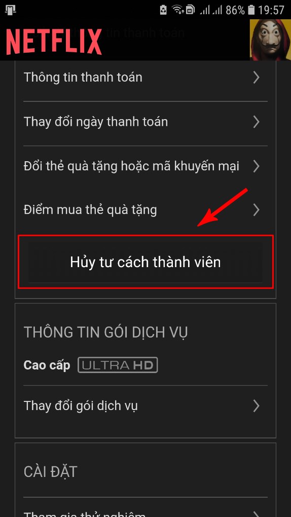 Chọn Hủy tư cách thành viên