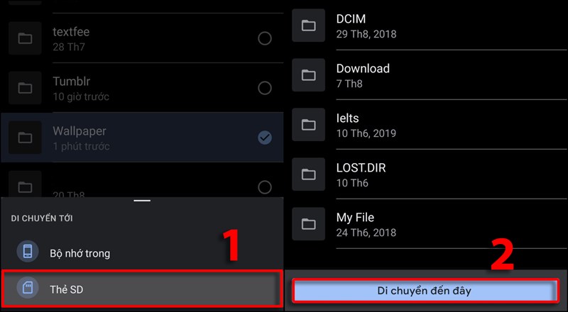 Chọn Thẻ SD (1) > nhấn Di chuyển đến đ&acirc;y (2)