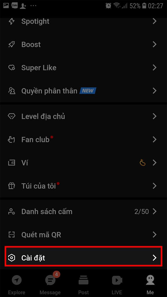  Chọn Cài đặt