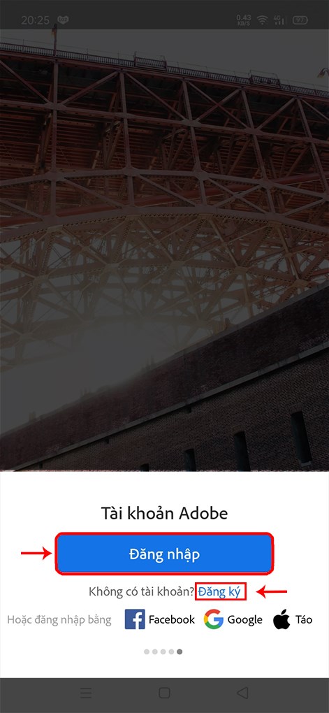 Đăng nhập nếu bạn đã có tài khoản hoặc đăng kí nếu bạn chưa có tài khoản Adobe Lightroom.