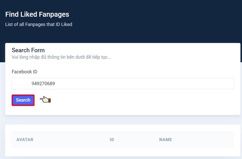 Nhập ID người dùng Facebook , Nhấn Search