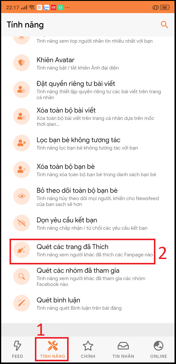 quét các trang đã thích