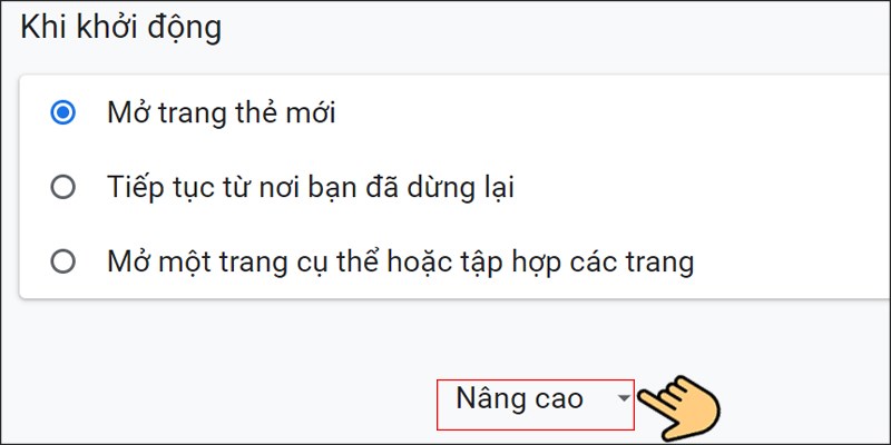 Cửa sổ cài đặt mở ra bạn kéo xuống và tiếp tục chọn mục nâng cao để cài đặt thêm các phần cài đặt khác nhé