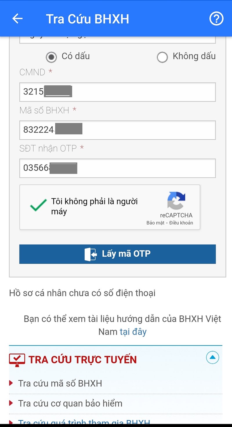 Lấy m&atilde; OTP tra cứu BHXH