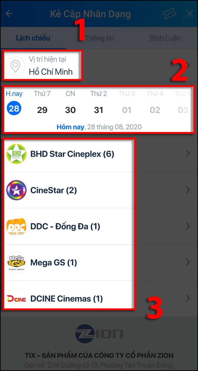 Chọn vị tr&iacute; > Chọn ng&agrave;y > Chọn cụm rạp