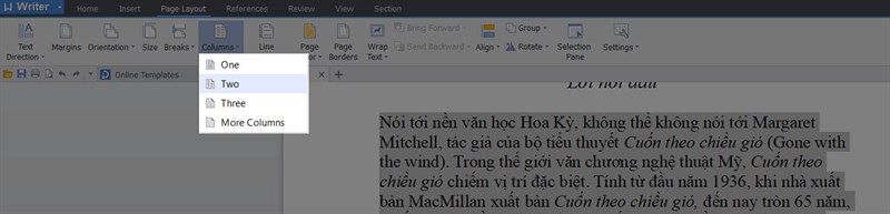 chia văn bản thành 2 hoặc 3 cột chọn two hoăc three
