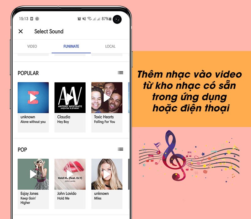 Thêm nhạc vào video từ kho nhạc có sẵn trong ứng dụng hoặc điện thoại