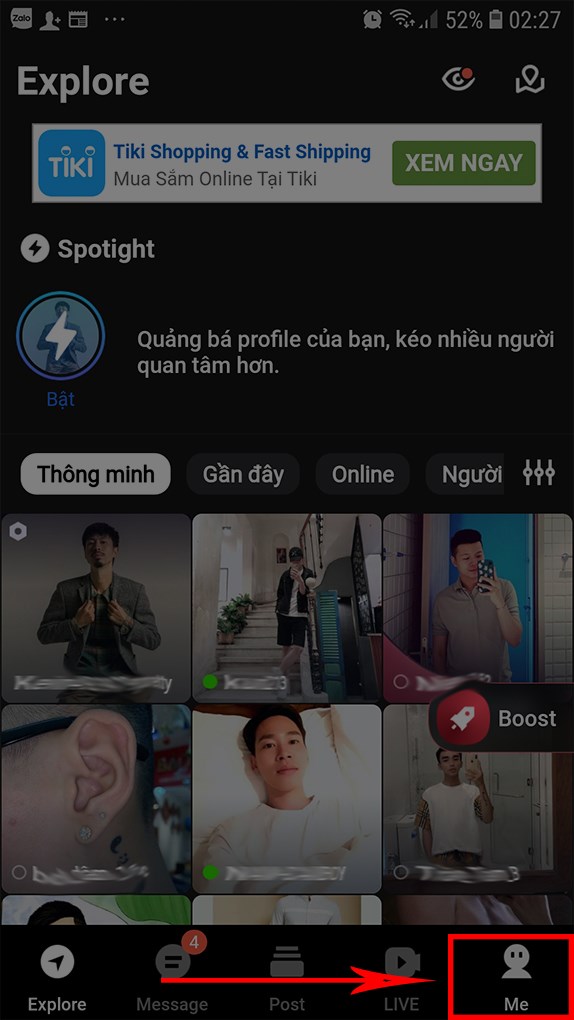 vào giao diện chính của ứng dụng và Chọn thư mục Me