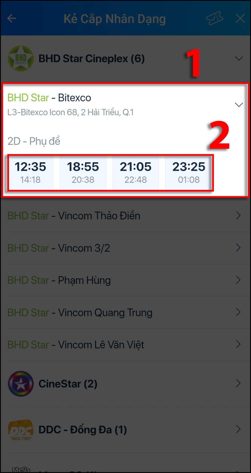 Chọn rạp > Chọn suất chiếu