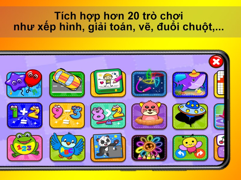 T&iacute;ch hợp hơn 20 tr&ograve; chơi như xếp h&igrave;nh, giải to&aacute;n, vẽ, đuổi chuột,...
