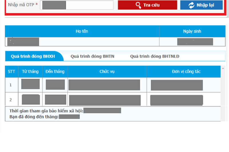 Kết quả tra cứu qu&aacute; tr&igrave;nh đ&oacute;ng BHXH