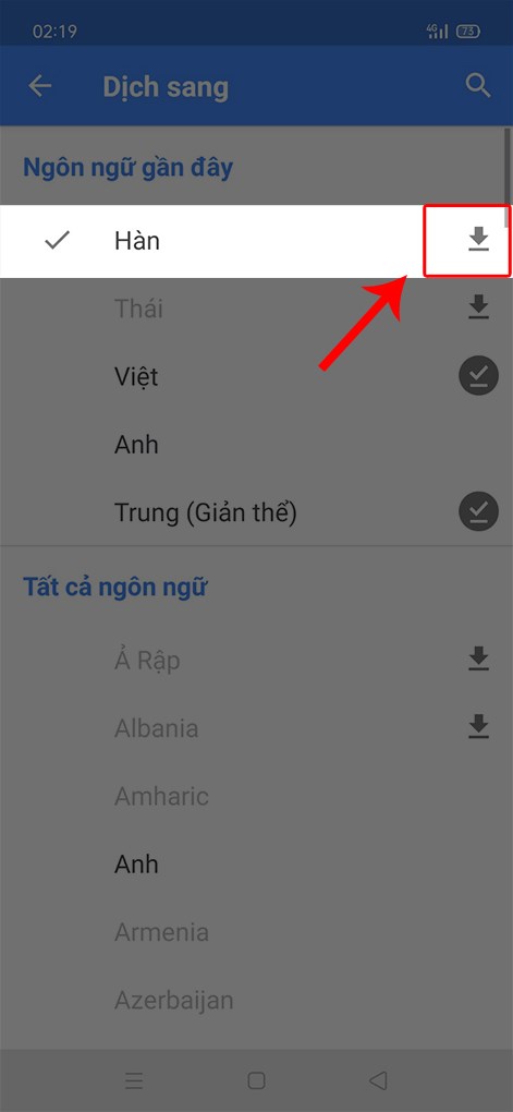 Chọn ngôn ngữ muốn dịch > Nhấn vào biểu tượng Tải xuống.