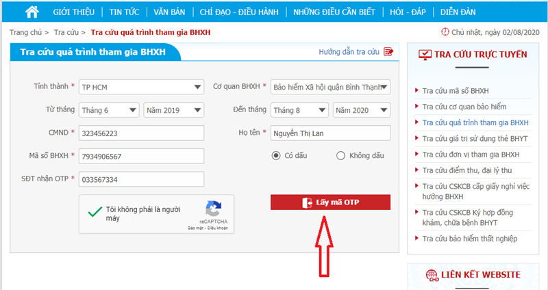 Lấy m&atilde; OTP tra cứu BHXH