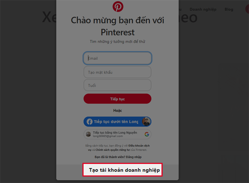 Tạo tài khoản doanh nghiệp