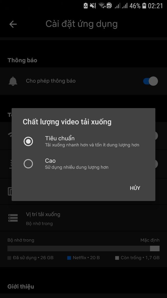 Điều chỉnh Chất lượng video tải xuống Cao hoặc Ti&ecirc;u chuẩn