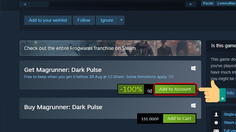 Chọn game Magrunner: Dark Pulse, bấm Add to Account