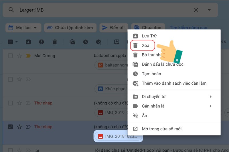 Xóa các email chứa file đính kèm có dung lượng lớn