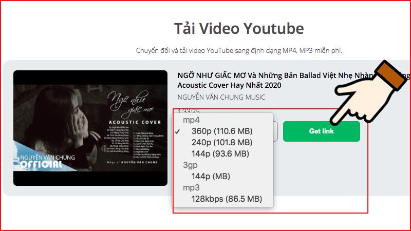 Chọn định dạng video muốn tải về chọn Get link để tải về.