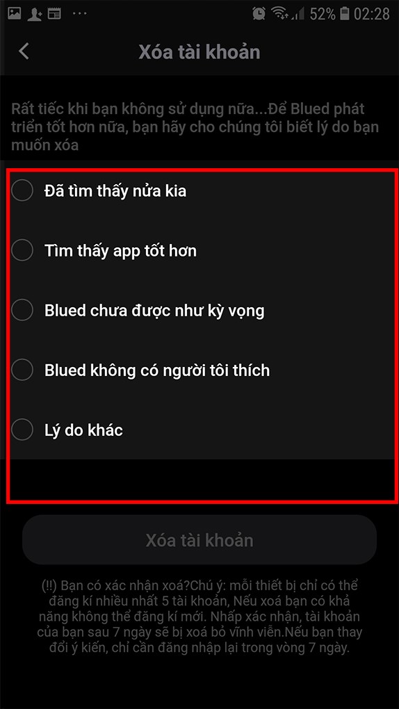 Chọn lý do bạn muốn xóa tài khoản