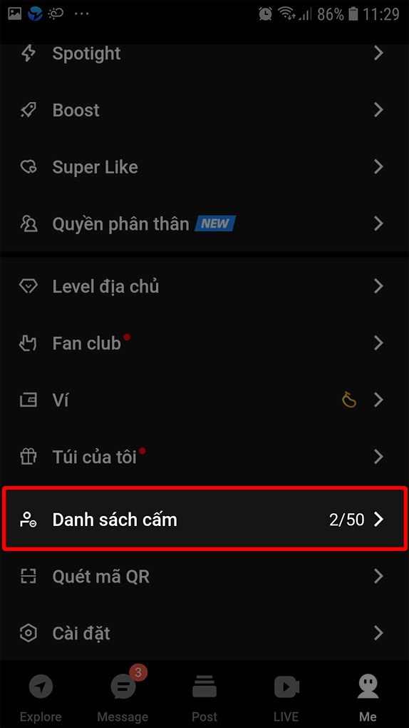chọn Danh sách cấm trên Blued