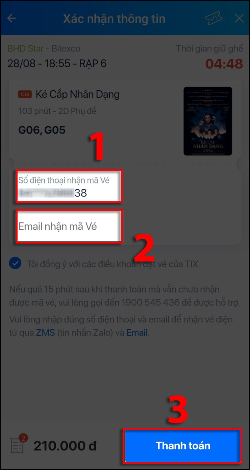 Nhập số điện thoại nhận mã Vé (1) và Email nhận mã Vé (2) > Nhấn Thanh toán (3)