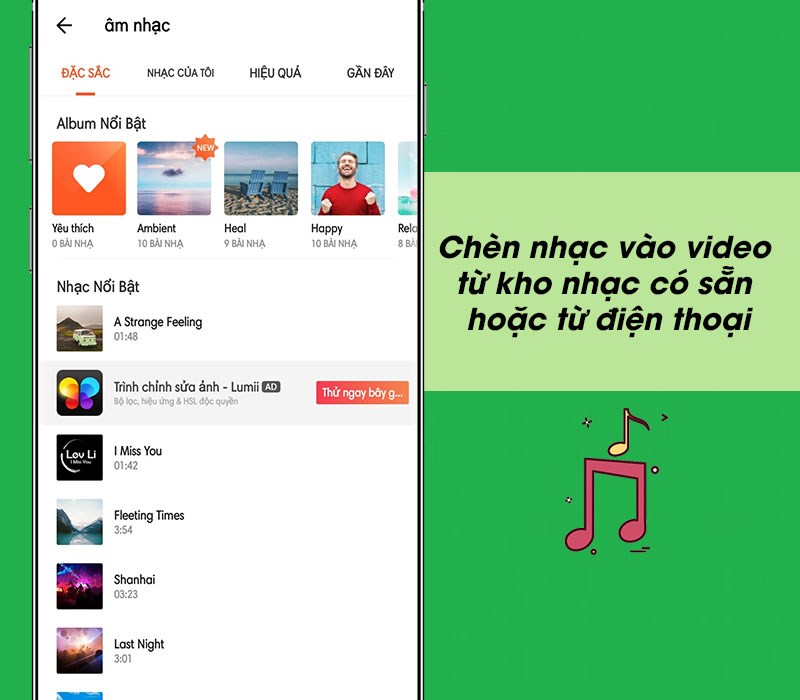 Ch&egrave;n nhạc v&agrave;o video từ kho nhạc c&oacute; sẵn hoặc từ điện thoại