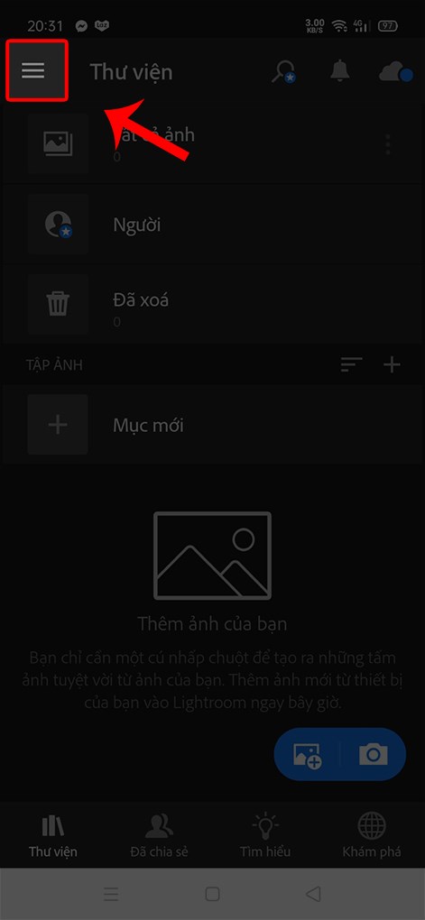 Chọn biểu tượng ba gạch ngang phía trên bên trái giao diện.