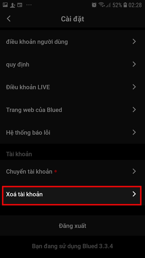 Chọn Xóa tài khoản trên ừng dụng Blued