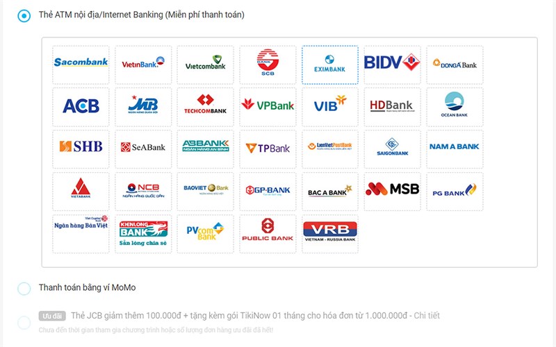 Tiki hỗ trợ thanh to&aacute;n đối với 33 ng&acirc;n h&agrave;ng