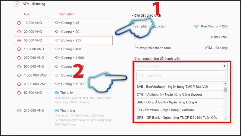 Bước 2: Chọn “Mệnh giá” để nạp vào game, chọn đúng “Ngân hàng” cho thẻ ATM của bạn và nhấn thanh toán.