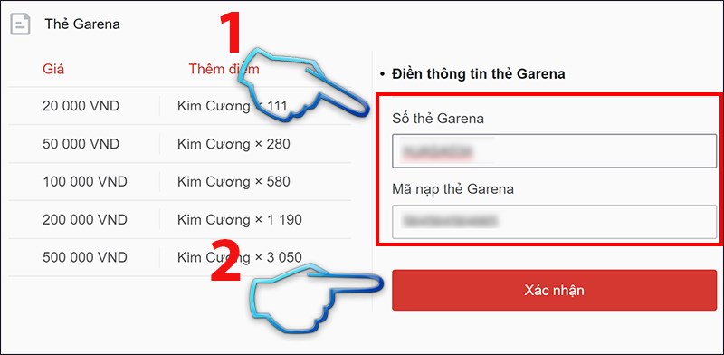 Bước 2 Nhập đúng mã thẻ và số nhận dạng bạn đã mua vào ô trống bên phải màn hình.  Nhấn Xác nhận để hoàn tất giao dịch.