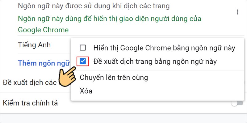 Một cửa sổ sẽ hiện lên bạn sẽ tích vào mục ô Đề xuất dịch trang bằng ngôn ngữ này